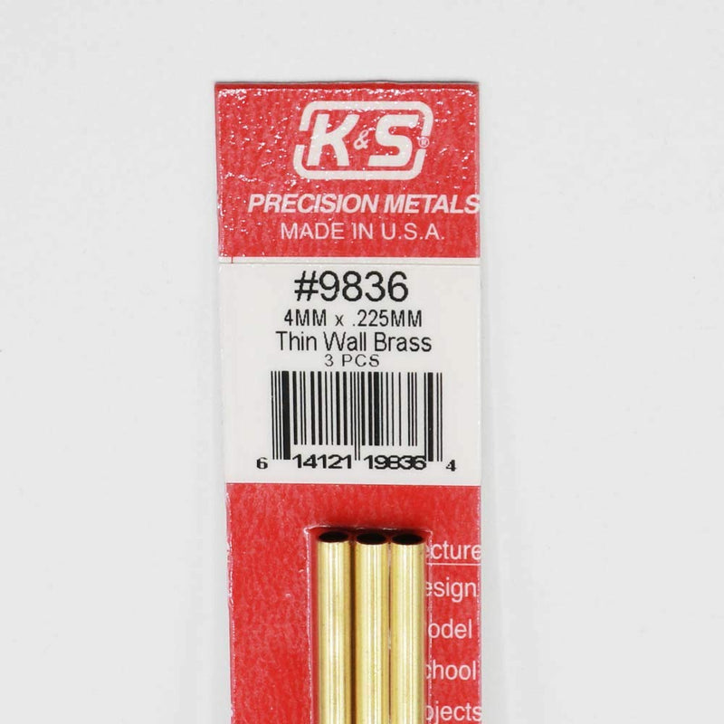 K&S Precision Metals 9836 Thin Wall Brass Tube, 4mm O.D. X .225mm Wall Thickness X 300mm Long, 3 Pieces per Pack, Made in The USA - LeoForward Australia