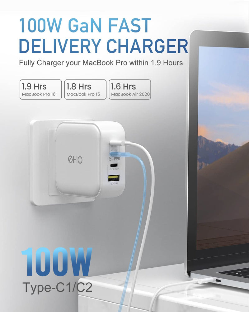  [AUSTRALIA] - USB C Wall Charger, 100W PD 3.0 PPS 4-Port GaN II Fast Charger Type C Charging Station Foldable Power Adapter Travel Charger Block Compatible w/ MacBook, Laptop, iPad, iPhone, Samsung and More - White