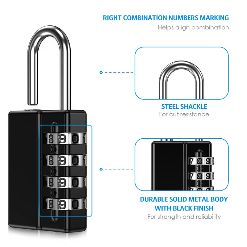  [AUSTRALIA] - (Newest Version) 4 Pack Combination Padlock, 4 Digit Resettable Security Padlock with Keys, Waterproof Gate Lock for School, Gym or Sports Locker, Fence, Toolbox, Case, Hasp Storage Black