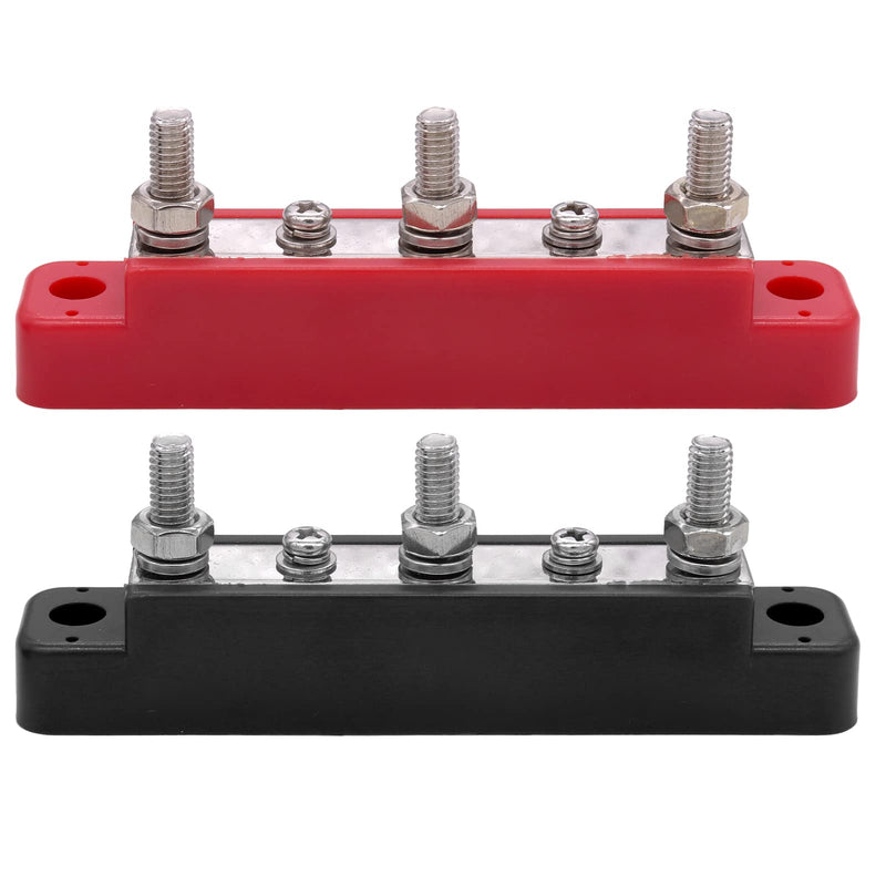  [AUSTRALIA] - ZOOKOTO 150 Amp Rating Bus Bar Power Distribution Block, 3X M6(1/4”) Studs 2X M4(#8) Screw Terminal Block with Cover for Car Boat Marine Caravan RV (Black + Red) 3x M6(1/4”) Studs 2 x M4(#8) Screw