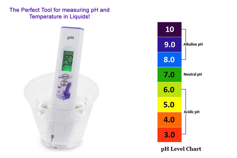 pH Meter and Temperature Meter. Digital Aid Professional Quality Water Test Meter. Large Back-lit LCD Screen. Range 0.00 to 14.0 pH; 32° - 140°F. 3 Free Buffer Solution Powders. - LeoForward Australia