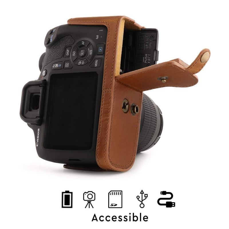  [AUSTRALIA] - MegaGear MG1609 Ever Ready Leather Camera Case compatible with Canon EOS Rebel T7 (18-55mm), 2000D (18-55mm) - Light Brown