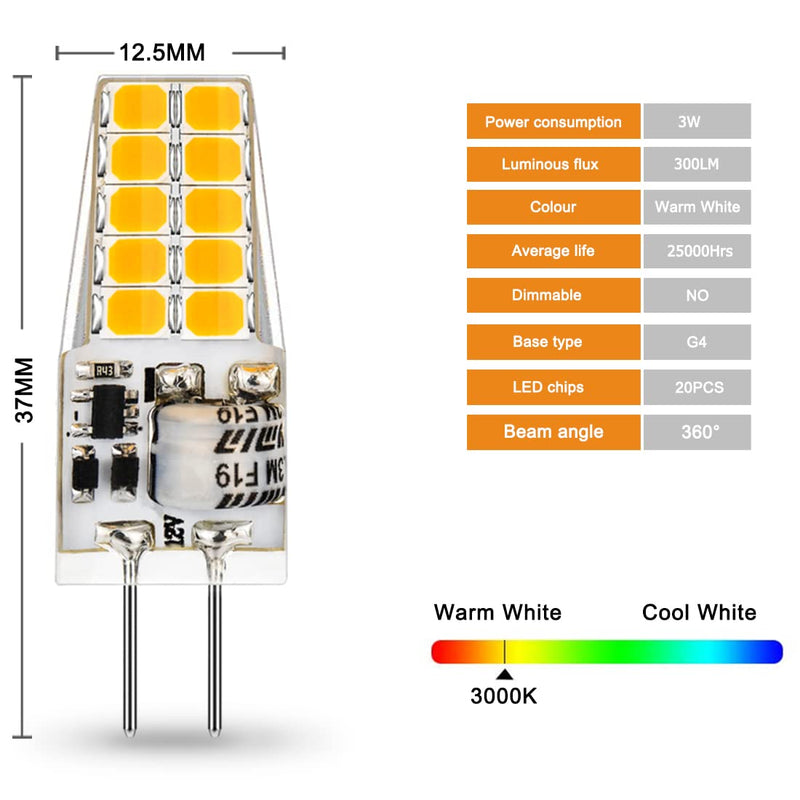  [AUSTRALIA] - Auting LED G4 lamps, 3W G4 LED bulbs 3000K warm white 300lm, replacement for 30W halogen lamps, no flickering, not dimmable, 360° light angle, 12V AC/DC, pack of 10 A-G4-Warm-10PCS