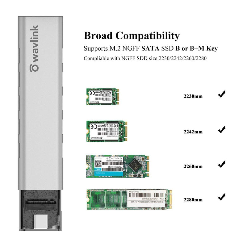  [AUSTRALIA] - WAVLINK M.2 SATA NGFF SSD Enclosure, USB C 3.1 Gen 2 (6Gbps) Solid State Drive Aluminum External Adapter Case Support UASP for B-Key B+M Key SATA NGFF SSD Size 2230/2242/2260/2280 (up to 2TB)