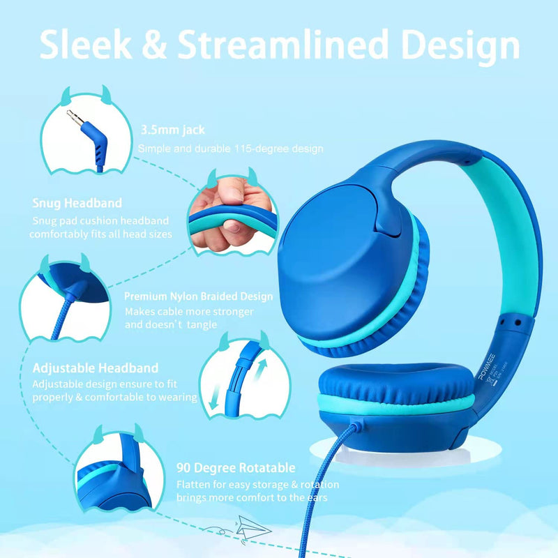  [AUSTRALIA] - POWMEE P20 Kids Headphones Over-Ear Headphones for Kids/Teens/Boys/Girls/School with 94dB Volume Limited Adjustable Stereo Tangle-Free 3.5MM Jack Wire Cord for Fire Tablets/Travel/PC/Phones(Blue)