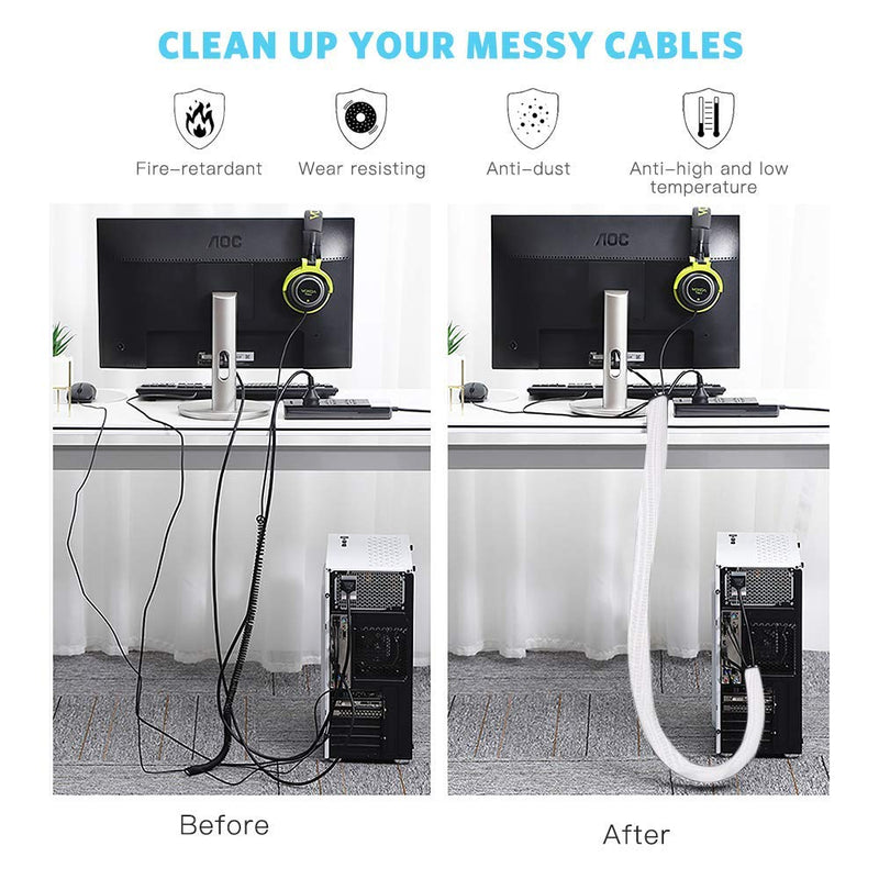  [AUSTRALIA] - 6.6ft - 2/3 inch White Cable Sleeve Cover, AGPTEK Cord Protector Management Wire Loom Tubing Cable Sleeve Split Sleeving for Desk PC TV Computer Cable Protect Cat from Chewing Cord, White 6.6ft - 2/3''