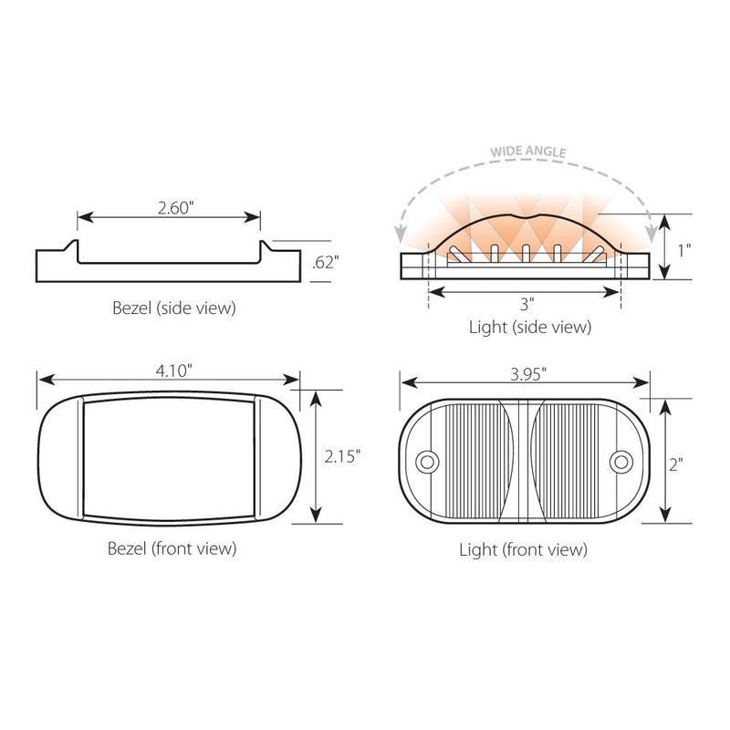  [AUSTRALIA] - Grand General 76255 Amber Rectangular Camel Back Wide Angle 14-LED Marker and Clearance Sealed Light with Clear Lens and Chrome Bezel