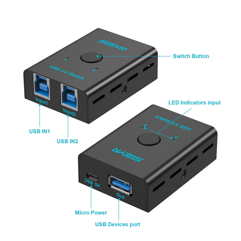  [AUSTRALIA] - SGEYR USB 3.0 Switch, 2 in 1 Out USB Switcher Selector for 2 Computers Share 1 USB Devices, Mouse, Keyboard, Scanner, Printer, Etc