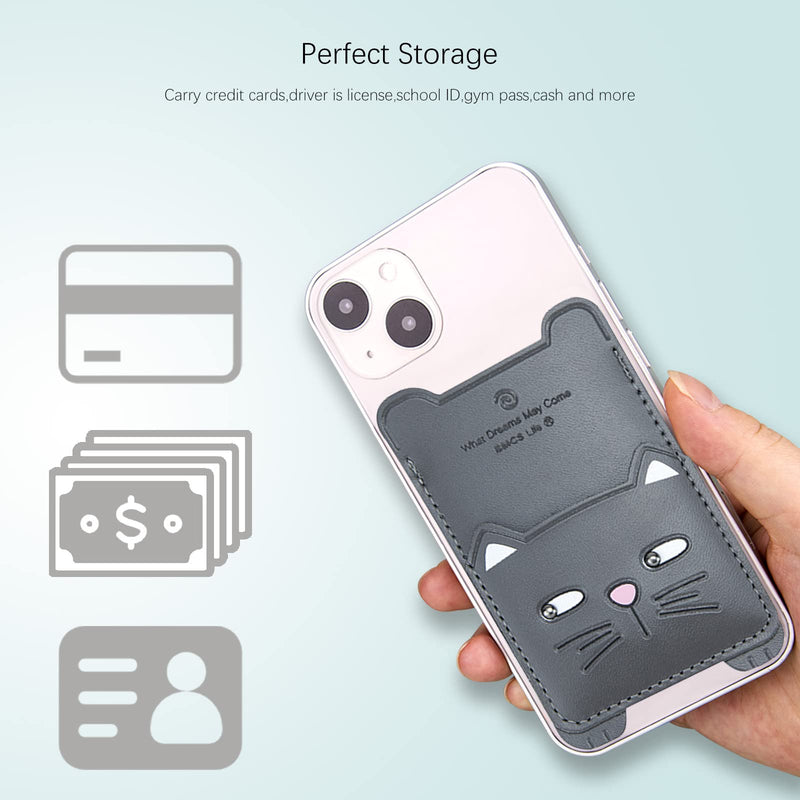  [AUSTRALIA] - Cell Phone Wallet,Gray Leather Cute Kitty, Secure Card Holder for iPhone, Android & Smartphones,Premium Leather,Adhesive Sleeve Pocket,Minimalist Design