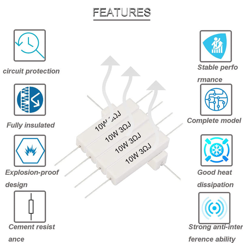  [AUSTRALIA] - Youmile 20pcs Ceramic Cement Resistor 10W 3 Ohm Resistor Power Resistor Resistor 5% Ceramic Wire Resistors Shockproof and Heat Resistant Axial Line Resistor White 10W 3 Ohm