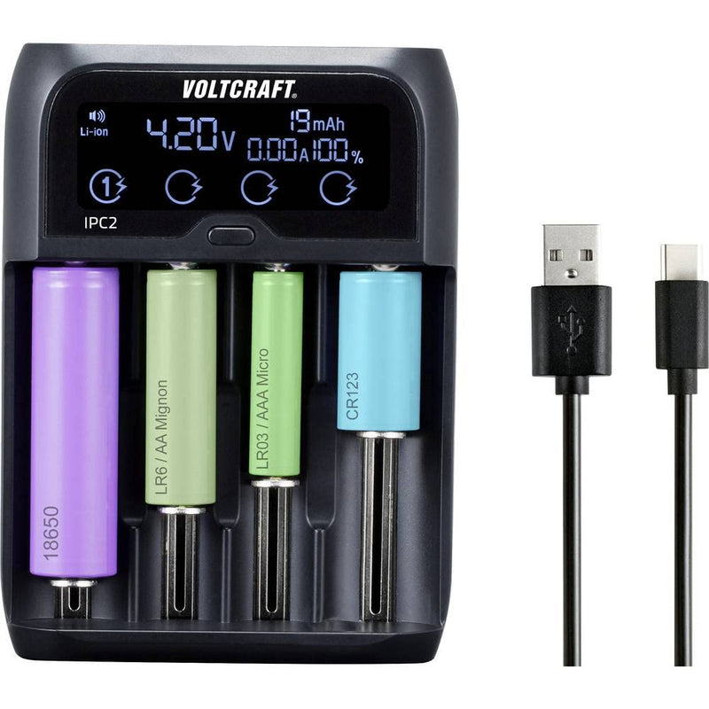  [AUSTRALIA] - VOLTCRAFT IPC-2 round cell charger I Intelligent 4-slot charger for a variety of battery types, AAAA, AAA, AA, C, Li-Ion, LiFePO and more I USB operated I Chargers for household batteries