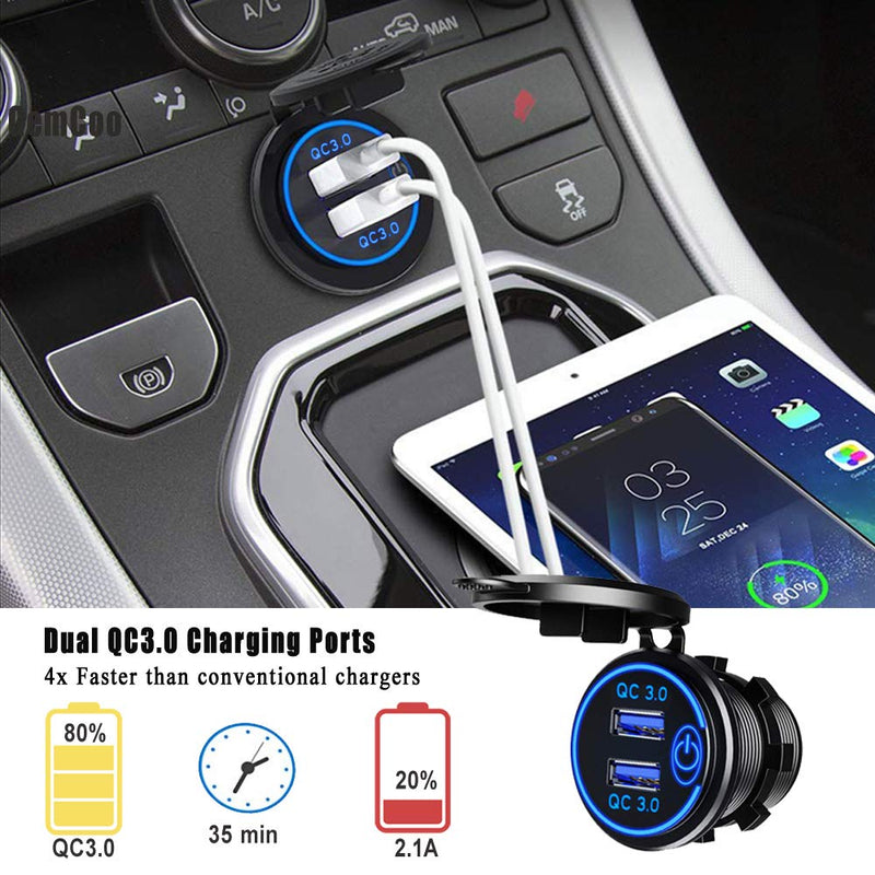  [AUSTRALIA] - Quick Charge 3.0 Dual USB Car Charger Socket with Touch Switch 12V/24V 36W QC3.0 Dual USB Fast Charger Socket Power Outlet for Marine, Boat, Motorcycle, Truck, Golf Cart QC3.0 With Switch