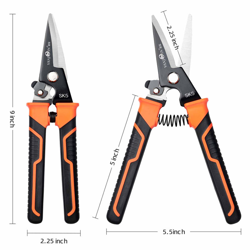  [AUSTRALIA] - VANJOIN Heavy Duty Scissors, 9 Inch Multipurpose Carpet Cutting Scissors with Finely Serrated, Steel Shears Spring Loaded Snips for industry home for Copper Wire, Cardboard, Fabric, Tree Branches Straight Shears