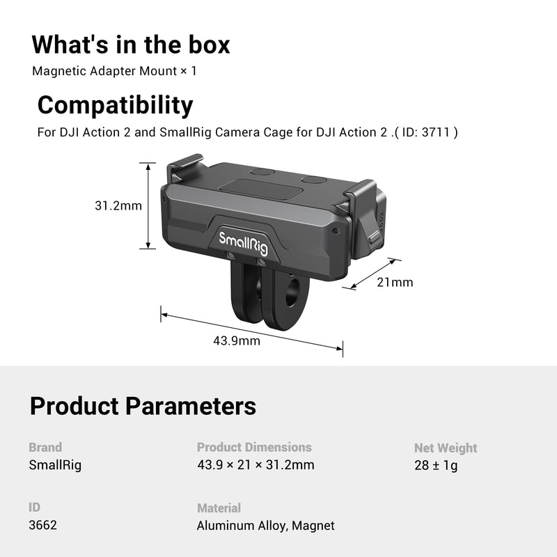  [AUSTRALIA] - SmallRig Magnetic Adapter Mount for DJI Action 2 with Adapter Connection and 1/4” Thread for Tripod, Selfie, Vlogging, YouTube – 3662