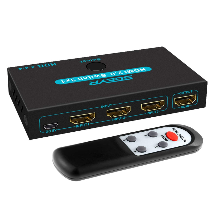  [AUSTRALIA] - SGEYR HDMI 2.0 Switch Splitter 3 Port 4K HDMI Switcher 3 in 1 Out Metal HDMI Switches Selector Box with IR Remote Control Support HDCP 2.2 Support 4K@60Hz Ultra HD 3D 2160P 1080P Black