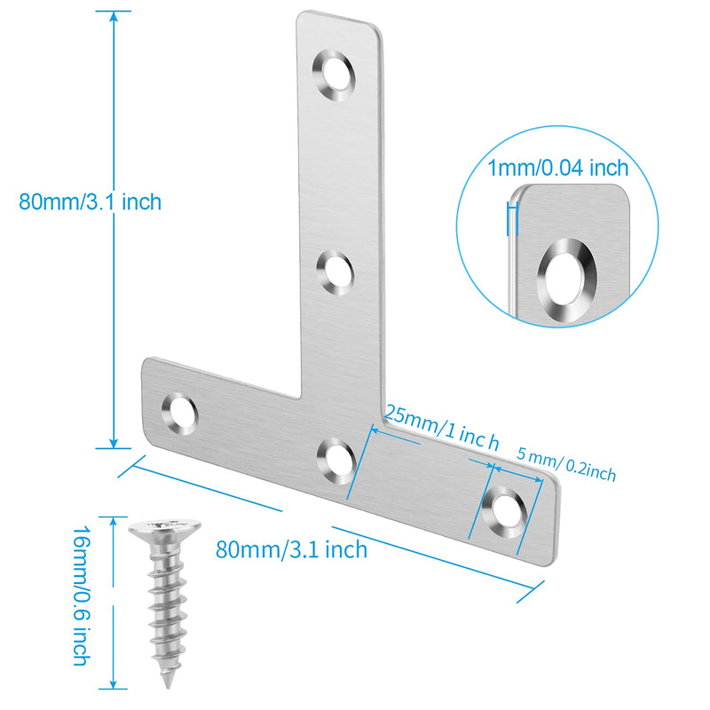 [AUSTRALIA] - 12 Pieces Stainless Steel T Brackets (3.1 x 3.1 inch，80 x 80 mm) Flat Corner Braces, Corner Brackets Joint Right Angle Bracket Mending Repair Plate, 65 Pieces Screws Included