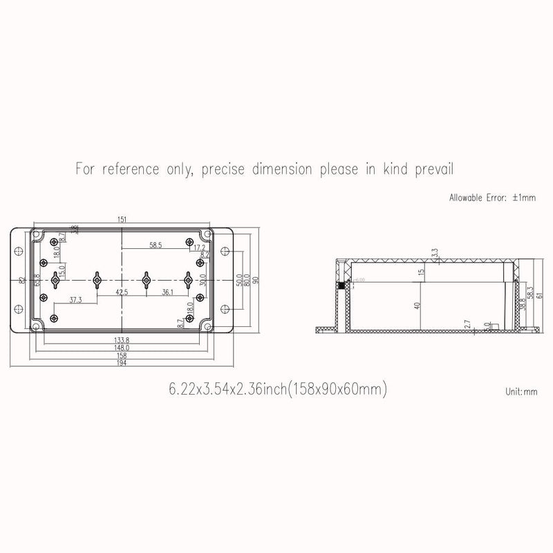  [AUSTRALIA] - Zulkit Junction Box ABS Plastic Dustproof Waterproof IP65 Universal Electrical Boxes Project Enclosure with Fixed Ear Black 6.22 x 3.54 x 2.36 inch (158 x 90 x 60 mm)(Pack of 1) 6.22'' x 3.54'' x 2.36''(Pack of 1)