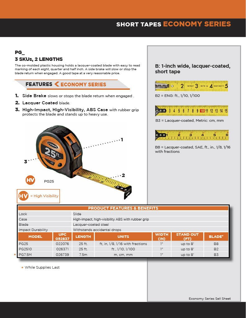  [AUSTRALIA] - Keson PG2510 Economy Series Short Tape Measure with Lacquer Coated Steel Blade (Graduations: ft, 1/10, 1/100), 1-Inch by 25-Foot Ft., 1/10, 1/100