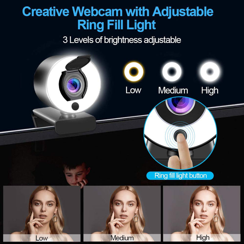  [AUSTRALIA] - 1080P HD Webcam with Microphone and Ring Light, Banral USB Web Camera Plug and Play,Adjustable Brightness,Privacy Protection,Streaming Webcam with Tripod, for PC Laptop, MAC, Zoom Skype