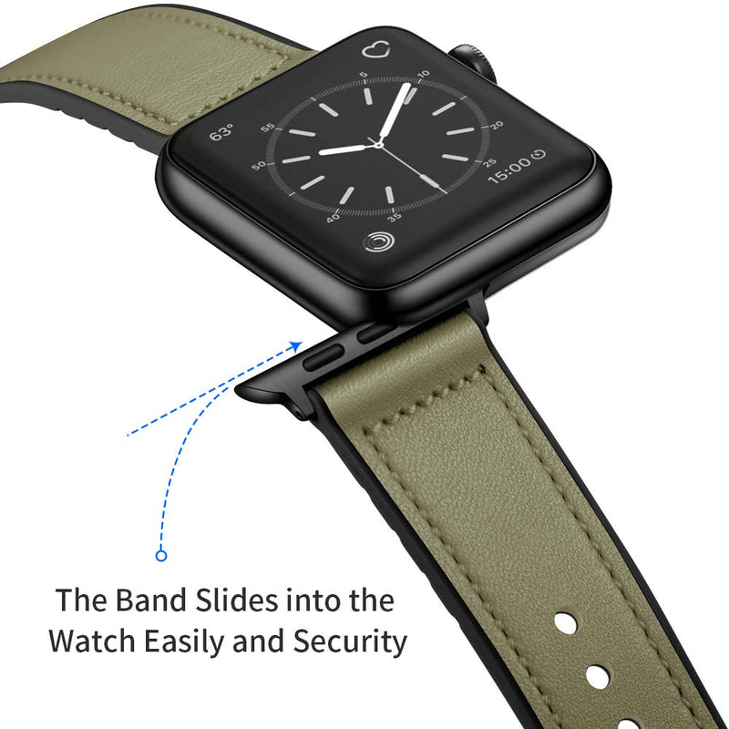 OUHENG Compatible with Apple Watch Band 44mm 42mm, Sweatproof Genuine Leather and Rubber Hybrid Band Strap Compatible with iWatch Series 6 5 4 3 2 1 SE, Army Green Band with Black Adapter Army Green/Black 42mm/44mm - LeoForward Australia