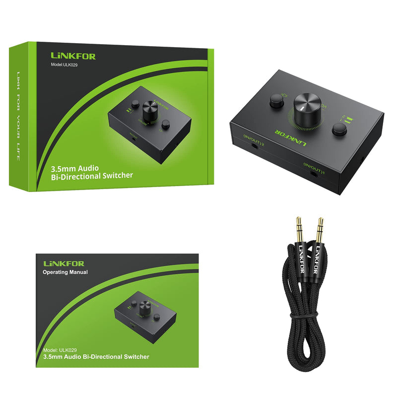  [AUSTRALIA] - Audio Switch, LiNKFOR 2 Ports 3.5mm Stereo Audio Selector Box with 3.5mm Audio Cable Support 1 in 2 Out / 2 in 1 Out, Mute Button Compatible with PC, CD Player, Laptop, Headphone, Plug & Play