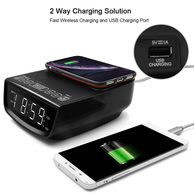 dpnao Alarm Clock FM Radio with Wireless Charging USB Charging Port Bluetooth Function Dual Alarm 3-Level Dimmer Snooze for Home Bedroom Bedside - LeoForward Australia
