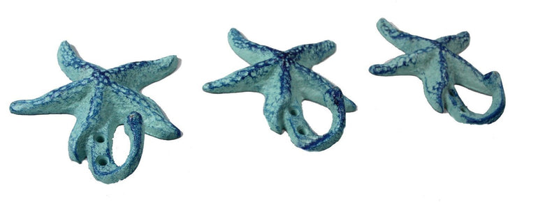 Starfish Cast Iron Wall Hooks Antique Blue - Set of 3 for Coats, Aprons, Hats, Towels, Pot Holders, More - LeoForward Australia