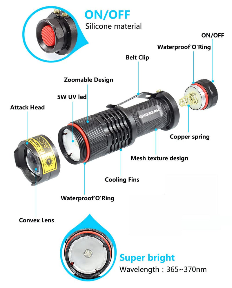  [AUSTRALIA] - UV 365nm Light Wood's lamp DARKBEAM Blacklight Ultraviolet Flashlight LED Portable Mini Handheld Torch Detector for Dog Urine Pet Stains 370nm Anti-counterfeiting Identification, Resin Curing 365 SK68 UV Flashlight(1 pack)