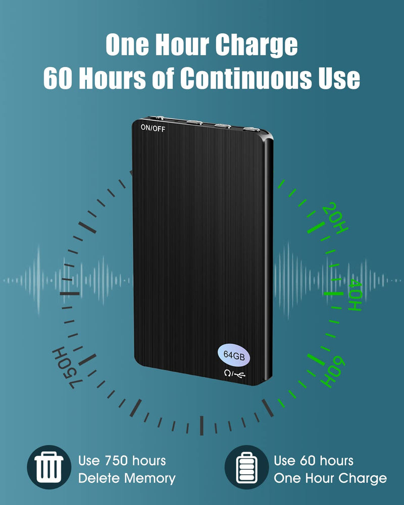  [AUSTRALIA] - 64GB Voice Recorder - Yegcaw Voice Activated Recorder Audio Recorder 750 Hours Recording Capacity Recording Device MP3 Feature with 60 Hours Battery Time for Work,Lectures, Meetings, Interviews Black