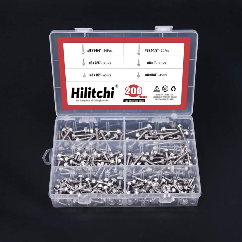  [AUSTRALIA] - Hilitchi 410 Stainless Steel #8 Hex Washer Head Self Drilling Sheet Metal Tek Screws Assortment Kit Set with Drill Point, Self Driller, 200 Pieces