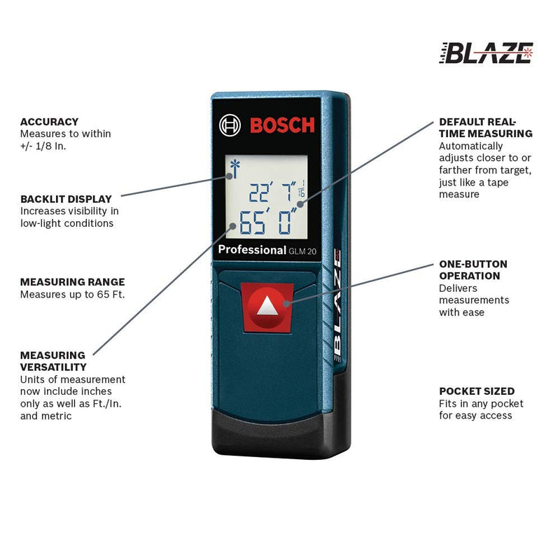 Bosch GLM20 Blaze 65ft Laser Distance Measure With Real Time Measuring - LeoForward Australia