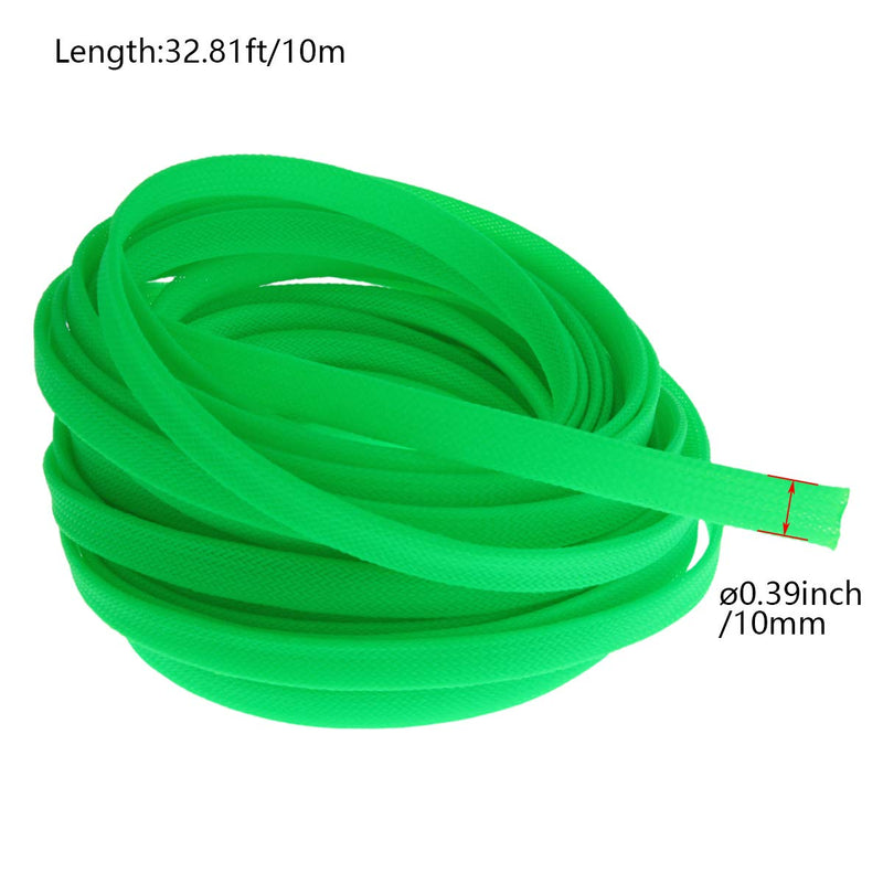  [AUSTRALIA] - Bettomshin 1Pcs Length 32.81Ft PET Braided Cable Sleeve, Width 10mm Expandable Braided Sleeve for Sleeving Protect Electric Wire Electric Cable Fluorescent Green
