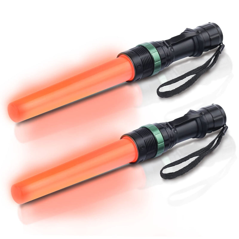  [AUSTRALIA] - 2 Pack 11 Inch Safety Traffic Control Wand LED Flashlight with Cones, Red LED Parking Wand with Wrist Strap and Side Clip for Traffic Directing, Using 3 AAA Batteries (Not Included)