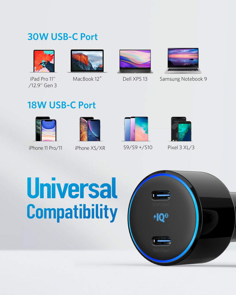  [AUSTRALIA] - USB C Car Charger, Anker 48W 2-Port PIQ 3.0 Fast Charger Adapter, PowerDrive+ III Duo with Power Delivery for iPhone 12/12 Pro/12 Pro Max/11/11 Pro/11 Pro Max/XR/XS/X, Galaxy, Pixel, iPad Pro and More