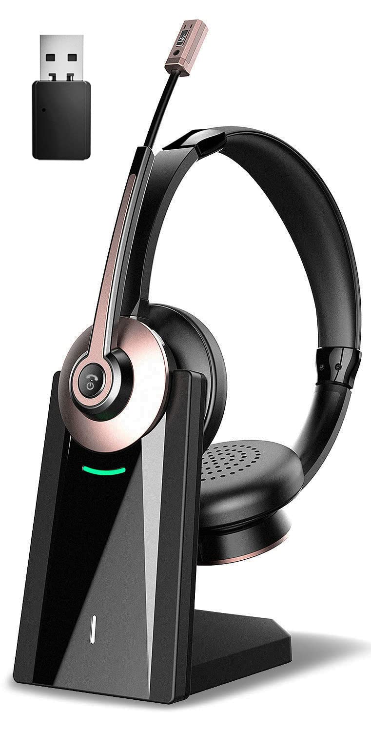  [AUSTRALIA] - Wireless Headset with Microphone, Bluetooth Headset with Noise Canceling Mic & USB Dongle, Wireless Headphones with Mute & Charge Dock for Phone PC Computer Office Work Meetings Call, Pink Gold