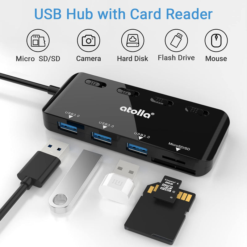  [AUSTRALIA] - SD Card Reader, atolla USB Hub with SD/Micro SD Card Reader, USB Splitter with 3 USB Ports, 2 Card Slots and Individual LED Power Switches