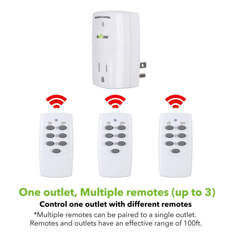  [AUSTRALIA] - BN-LINK Mini Wireless Remote Control Outlet Switch Power Plug In for Household Appliances, Wireless Remote Light Switch, LED Light Bulbs, White (1 Remote + 3 Outlet) 1250W/10A