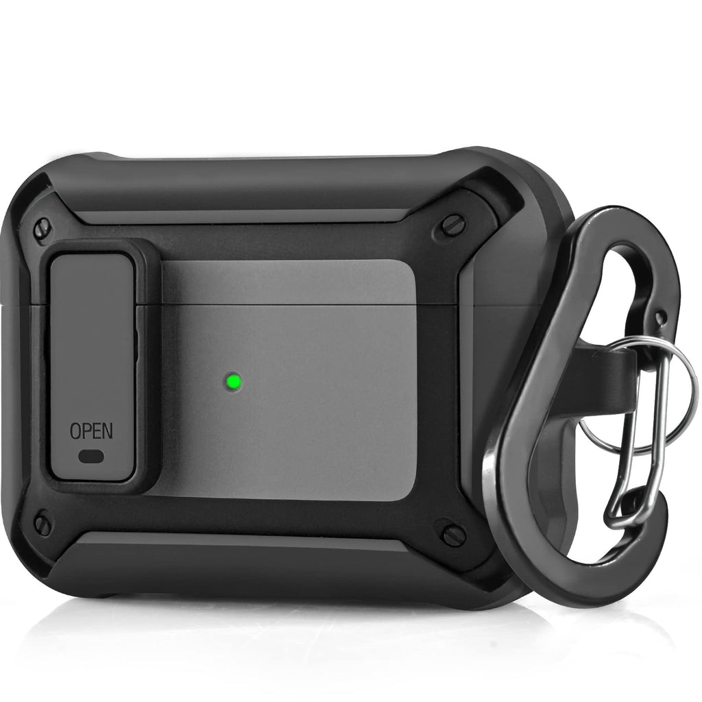  [AUSTRALIA] - Filoto AirPods Pro Case, US Patent Secure Lock Shockproof Protective Apple Airpod Pro Cover Cool TPU Case for Air Pod Pro Wireless Charging Case with Carabiner Keychain Accessories (Black) Black