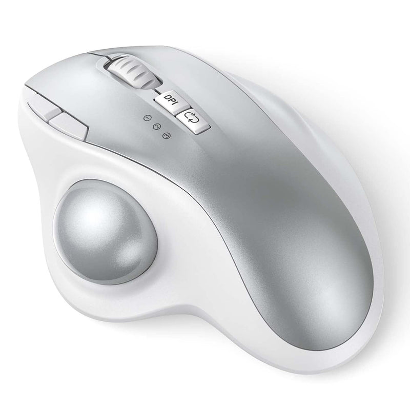  [AUSTRALIA] - Wireless Trackball Mouse - 2.4G USB + Dual Bluetooth Rollerball Mouse, Easy Thumb Control, Rechargeable Ergonomic Trackball Mice for MacBook, Laptop, PC, iPad, Windows, Android, iOS (White Silver) White Silver