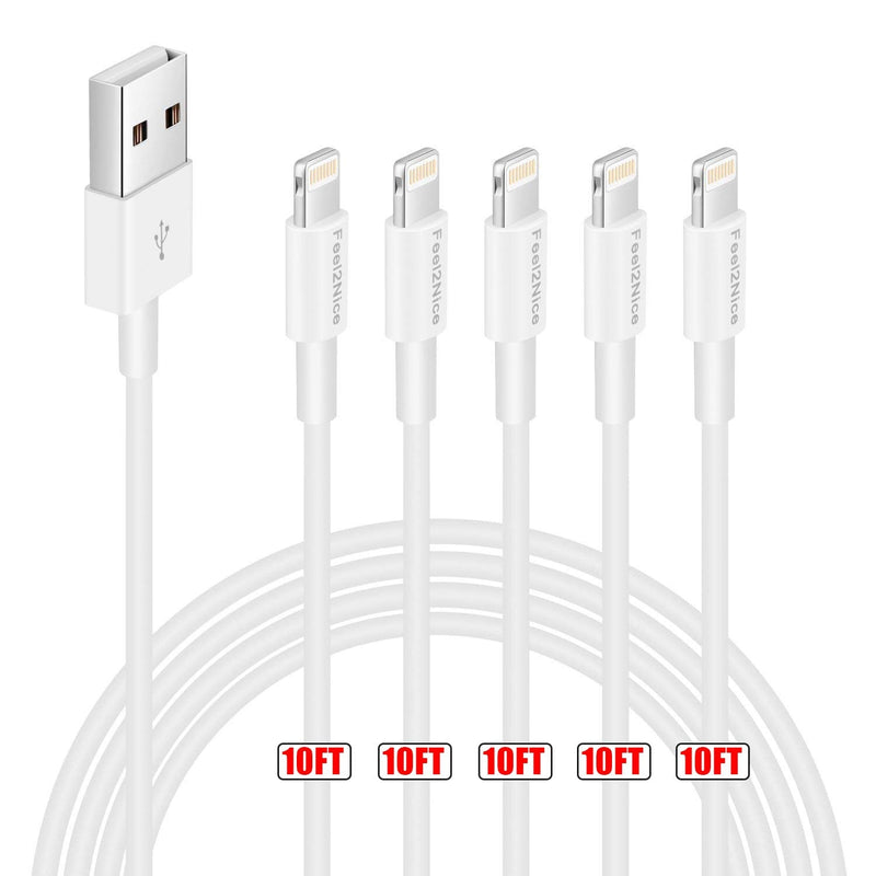  [AUSTRALIA] - iPhone Charger Fast Charging[Apple MFi Certified] 5pack 10FT Long Lightning Cable Fast High Speed Data Sync iPhone Charger Cord for iPhone 14/13/12/11 Pro Max/XS MAX/XR/XS/X/8/7/Plus airpods (White) 10FT*5