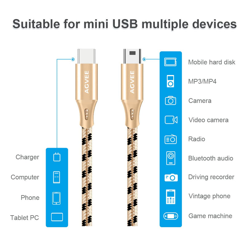  [AUSTRALIA] - AGVEE [2 Pack 1ft] Short USB-C to Mini USB Cable, Braided Durable Mini-B 5-Pin to Type-C Data Charging Charger OTG Cord for Hero 3+, PS3 Controller, Canon Nikon Camera, GPS, Blue Yeti, Black and Gold