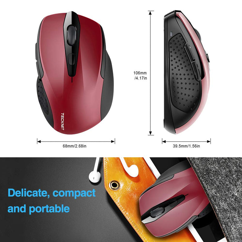 TECKNET Pro 2.4G Ergonomic Wireless Optical Mouse with USB Nano Receiver for Laptop,PC,Computer,Chromebook,Notebook,6 Buttons,24 Months Battery Life, 2600 DPI, 5 Adjustment Levels Red - LeoForward Australia