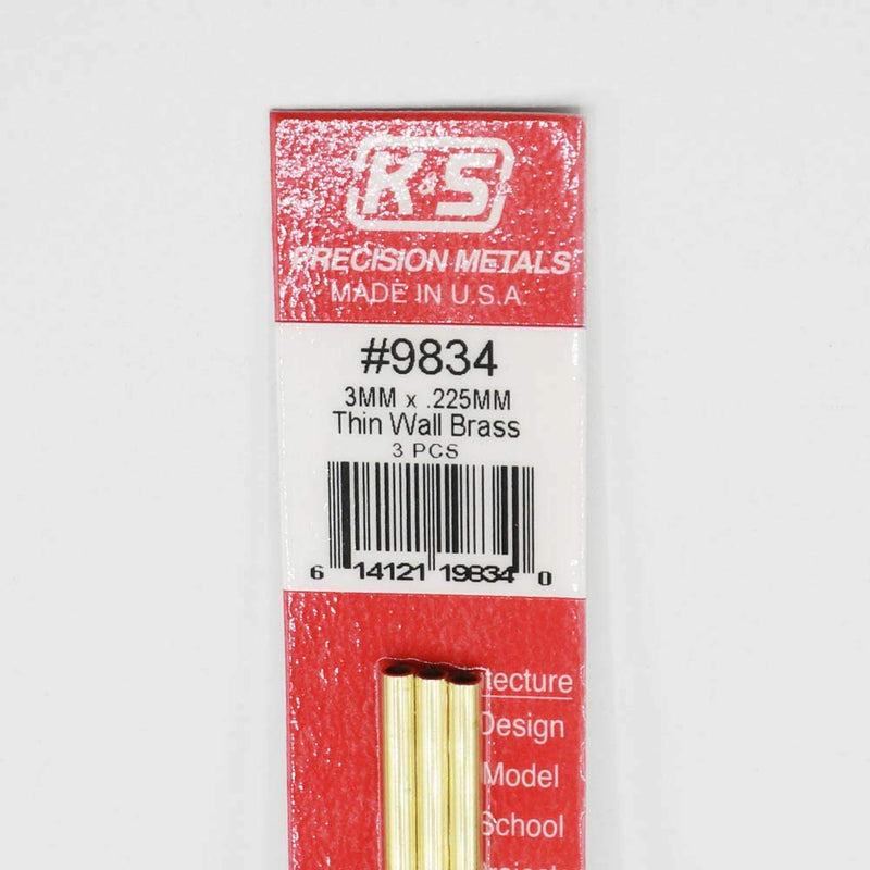 K&S Precision Metals 9834 Thin Wall Brass Tube, 3mm O.D. X .225mm Wall Thickness X 300mm Long, 3 Pieces per Pack, Made in The USA - LeoForward Australia