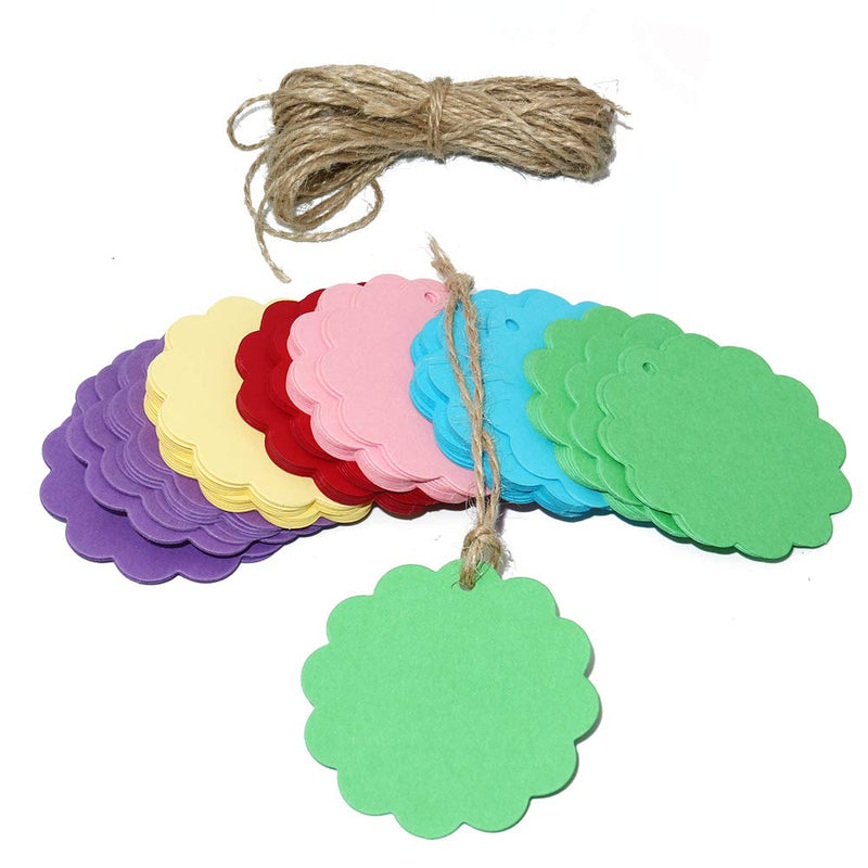  [AUSTRALIA] - 120PCS 2.4’’ / 6 cm Colorful Craft Scalloped Paper Label Tags with 66 Feet Jute Twines String for Wedding Birthday Party Decoration Gifts, Organizing, Arts & Crafts