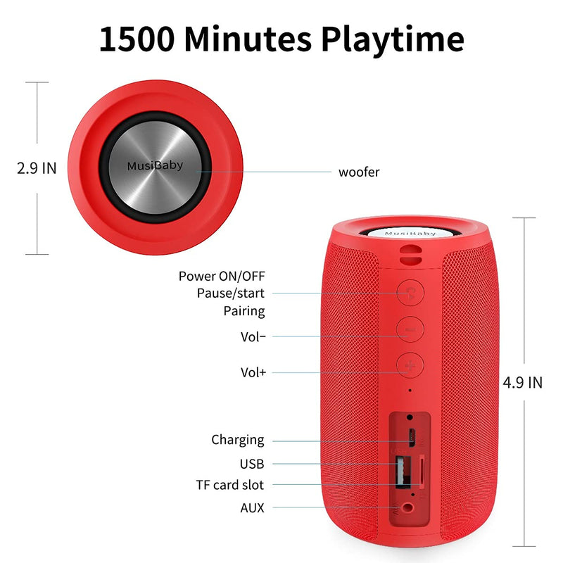Bluetooth Speaker,MusiBaby Speaker,Outdoor Portable,Waterproof,Wireless Speakers,Dual Pairing,Bluetooth 5.0,Loud Stereo Booming Bass,1500 Mins Playtime for Home&Party (Pure Red) - LeoForward Australia