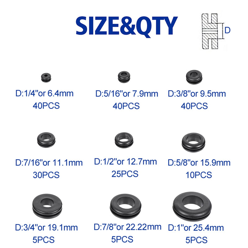  [AUSTRALIA] - BUSY-CORNER 200 Pieces Hollow Rubber Grommet Firewall Hole Plug Assortment Kit, 1/4", 5/16", 3/8", 7/16", 1/2", 5/8", 3/4'', 7/8", 1''