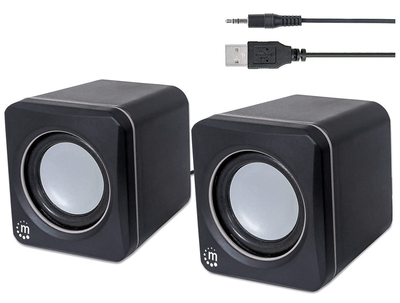  [AUSTRALIA] - Manhattan USB Powered Stereo Speaker System - Small Size - with Volume Control & 3.5 mm Audio Plug to Connect to Laptop, Notebook, Desktop, Computer - 3 Yr Mfg Warranty - Black Silver, 166898