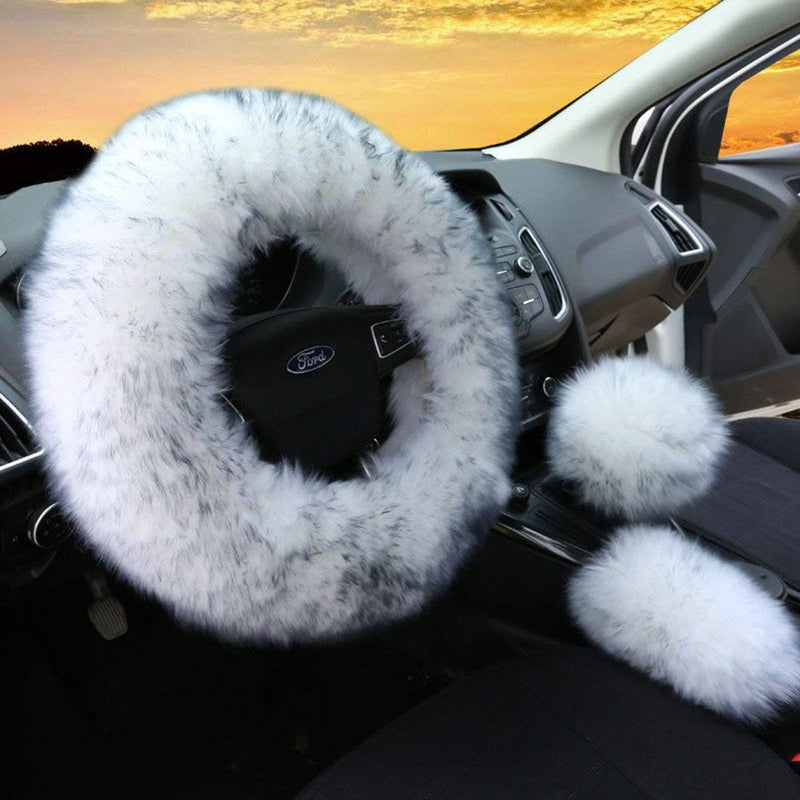  [AUSTRALIA] - STEVE YIWU Winter Warm Australian Pure Wool Steering Wheel Cover with Handbrake Cover & Gear Shift Cover Cushion Protector for Steering Wheel 38 cm/14.96 inch 1 Set 3 Pcs (Grey) Grey