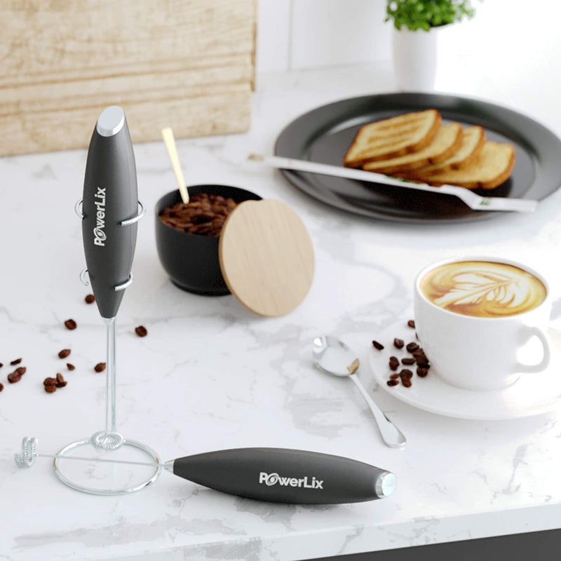  [AUSTRALIA] - PowerLix Milk Frother Handheld Battery Operated Electric Foam Maker For Coffee, Latte, Cappuccino, Hot Chocolate, Durable Drink Mixer With Stainless Steel Whisk, Stainless Steel Stand Include (Black) Black