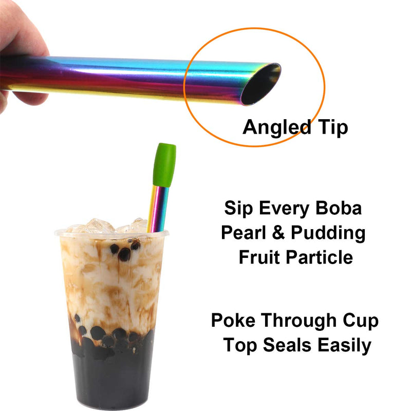  [AUSTRALIA] - Reusable Boba Smoothie Straw Rainbow Metal Straws Wide Thick Fat Angled Tip Sharp End Milkshake Jumbo Bubble Tea Straws With Carry Case Bag Silicone Tips Cleaning Brush 12mm 0.5in 4 Pack 0.5" x 8.5"-Colorful-4 Pcs